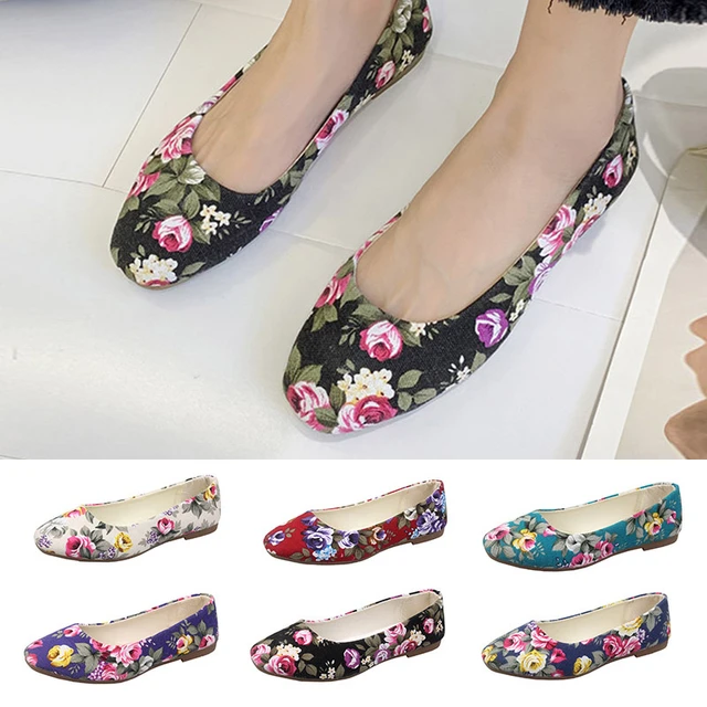 Plus Size Women Flats Flowers Slip on Flat Shoes Print Ballet