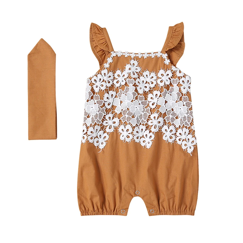 

Summer Newborn Girls 0-24 Months Rompers Set With Headband Flare Sleeve Lace Floral Design Jumpsuit Baby Girl Casual Rompers a