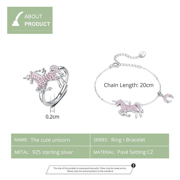 bamoer Fantasy Mystery Licorne Charm Bracelet and Finger Rings Women 925 Sterling Silver Pink CZ Statement Jewelry Sets ZHS147