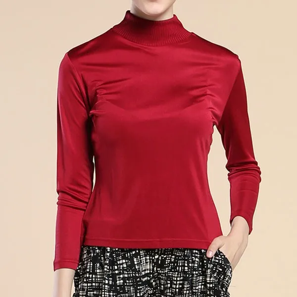 Женский топ с воротником под горло из чистого шелка, трикотажное нижнее белье с длинными рукавами, рубашка, Размеры M, L, XL, XXL - Цвет: Red