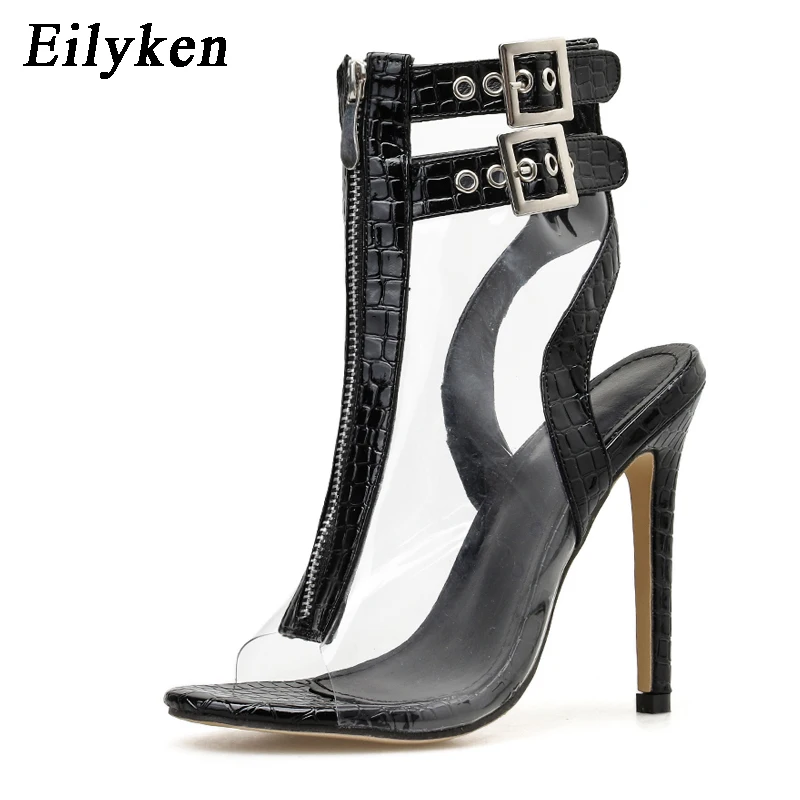 Black EilyKen/осенние женские пикантные босоножки из прозрачного ПВХ со змеиным узором и открытым носком на высоком тонком каблуке модные сапоги на молнии, туфли-лодочки с ремешком и пряжкой - Цвет: Black