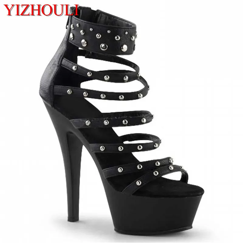 

New fashion of 17 cm high heels, black rivet platform, pole dancing/performance/banquet wedding sandals
