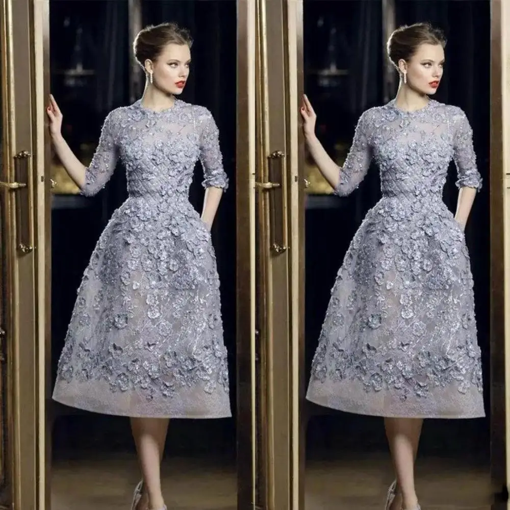 Elie Saab Элегантные вечерние платья с кружевной аппликацией, а-силуэт, платья для выпускного вечера, 3/4, с длинными рукавами, длиной до чая
