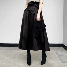Элегантная Женская длинная юбка миди черного цвета хаки, весенне-осенняя Женская винтажная юбка с поясом, пуговицами и карманами, Женская юбка с высокой талией