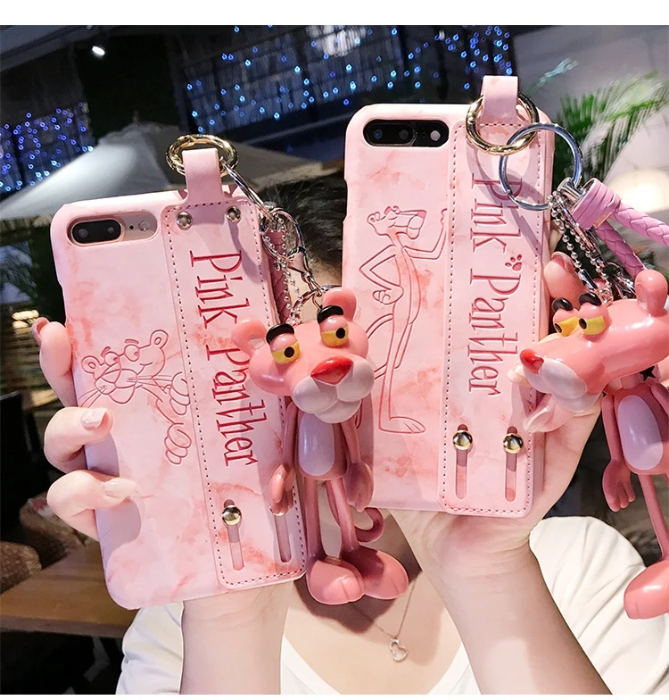 

Oneplus 6 Cute Pink Panther Wrist Strap Soft TPU Phone Case for Oneplus 5 1+5T One plus6 Holder Cover + toy + Strap +Small bell
