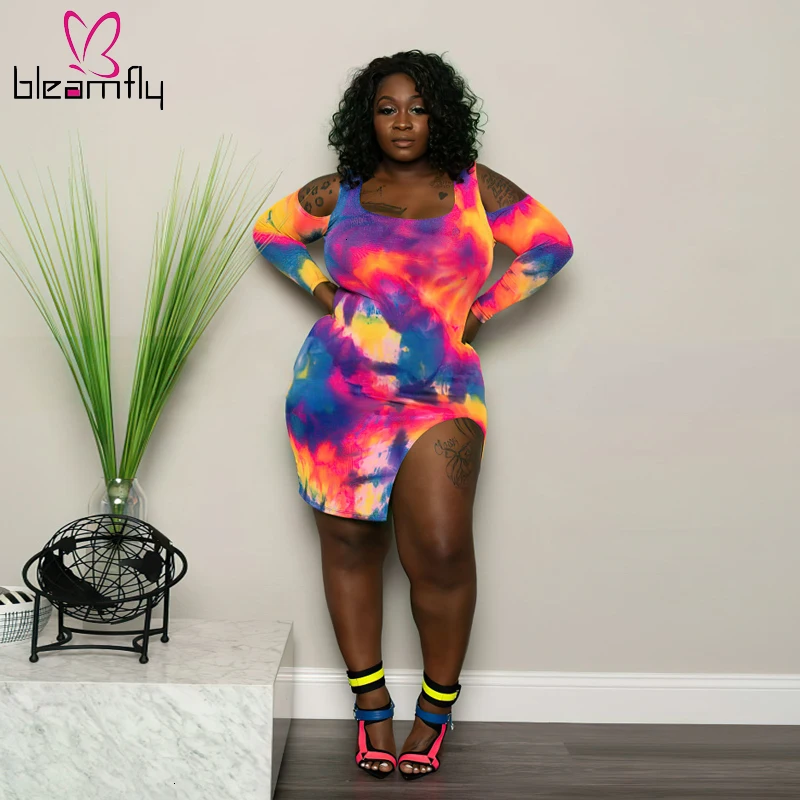 

Plus Size L-4XL Women Tie Dye Galaxy Print Side Slit Long Sleeve Bodycon Midi Dress Sexy Night Club Party Dresses Vestido 2019