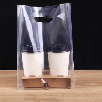 

50pcs PE Transparent Non Toxic Strong Bearing With 2 Cup Holders Coffee Drinks Milk Tea Takeout Bag Beverage Packaging Snacks