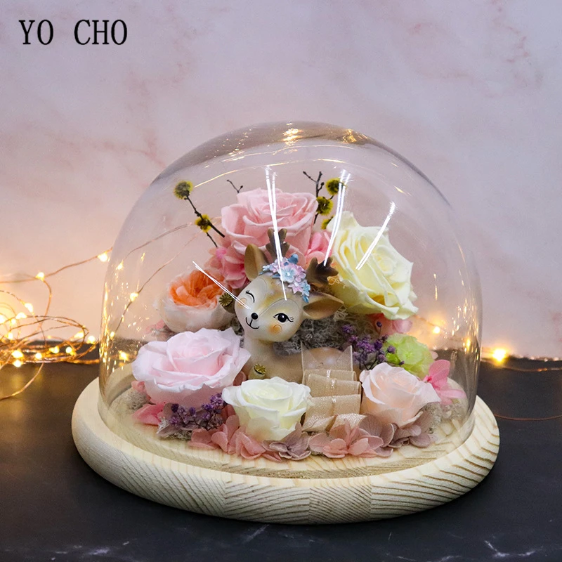 

YO CHO Everlasting Preserved Rose Flower In Glass Cover Flower Fairy Real Red Rose Deer Room Decor Valentines Day Christmas Gift