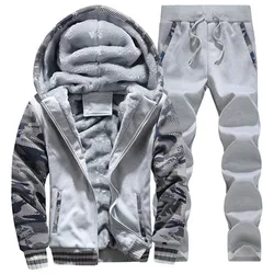 Agasalho de inverno dos homens camuflagem hoodies casuais com capuz camisolas quentes de lã grossa 2pc jaqueta + pant men moleton masculino M 4XL