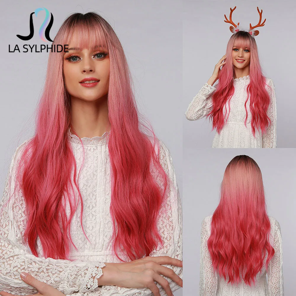 La Sylphide – perruque synthétique longue ondulée pour femme, perruque en Fiber résistante à La chaleur, racine noire ombrée rose, pour Cosplay Halloween
