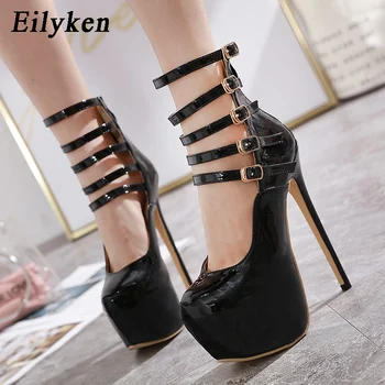 

Eilyken 2020 Fashion Runway Metal Buckle Strap Fetish Heels High Quality Patent Leather Round Toe Zip Female Nightclub Pumps