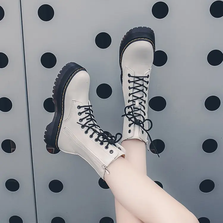 Модная обувь на плоской подошве с молнией; женские ботинки из искусственной кожи на платформе и высоком каблуке; женская обувь на шнуровке; белые ботинки в стиле милитари; Botas Mujer; обувь для девочек