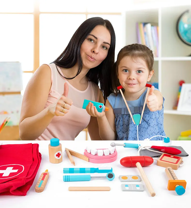 Holzspielzeug Zahnarzt Medizin Kit Doktor Pretend Play Game Kid 
