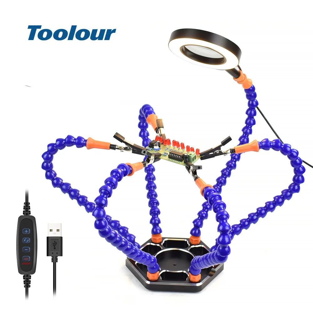 Toolour 6PC Flexible Arms Soldering Helping Hands 3X Magnifier USB LED light Fan Flashlight Welding Tool For PCB Repairing Stand