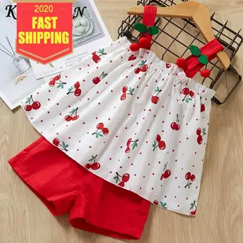 

Keelorn Girls Clothing Sets 2020 New Summer Girls Flower Chiffon Cherry Halter Bow Top + Shorts Children Sets For 3-7 Years
