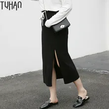 TUHAO размера плюс 2XL 3XL Осень Лето Юбка с высокой талией обтягивающие Большие размеры разрезные длинные плиссированные юбки черная серая одежда