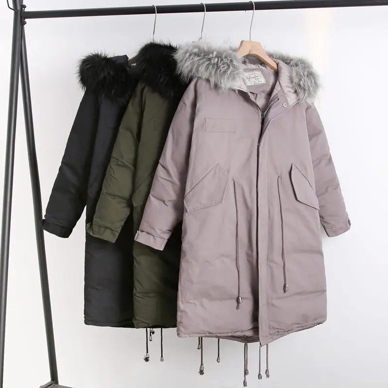Женская одежда средней длины, длинная, зимняя, новинка, Корейская, свободная, с капюшоном, с большим меховым воротником, толстая, хлопковая куртка, верхняя одежда f2667