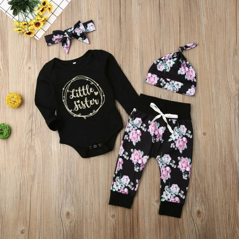 Baby Girl Clothing Set Citgeett Newborn Black Romper + Pants Print Leggings 4Pcs Autumn Fall