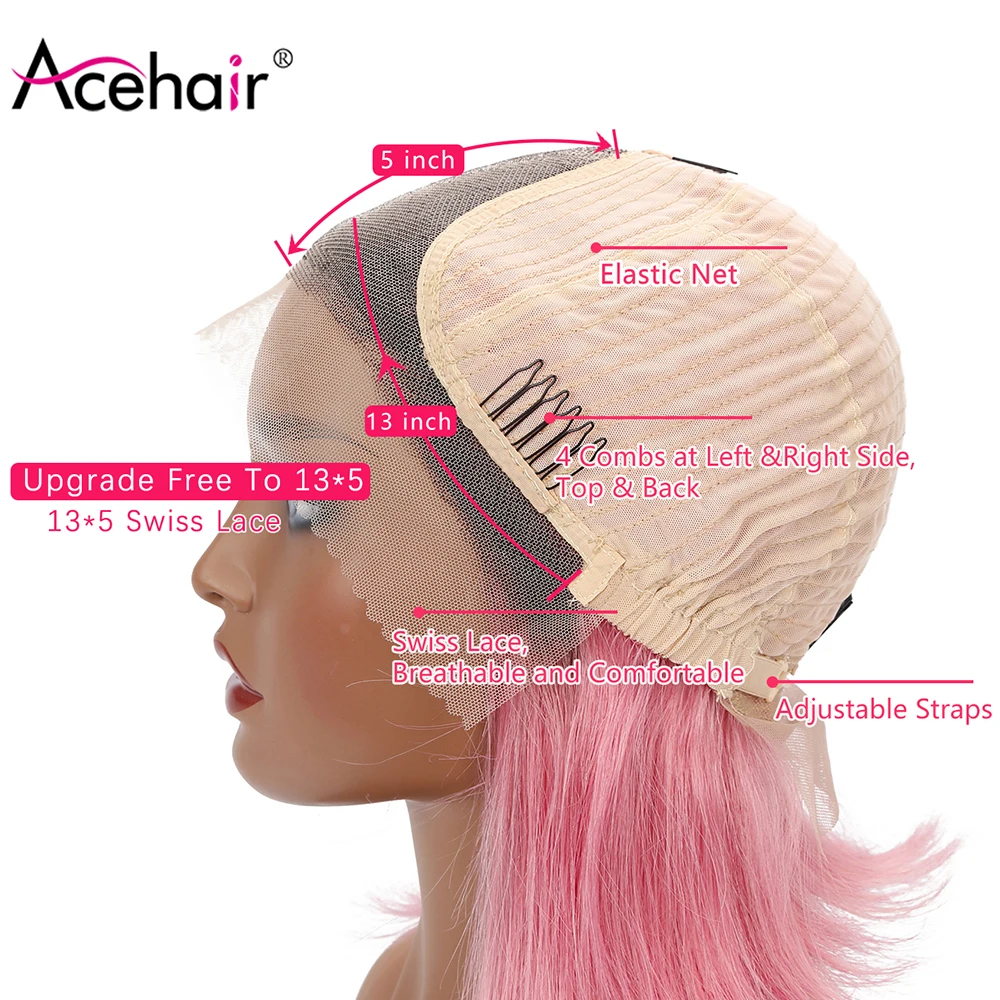 Acehair Короткие парик розовый Синтетические волосы на кружеве парик бразильский 13x4 прямые парики из натуральных волос с Африканской структурой, Для женщин Цветной эффектом деграде(переход от темного к Волосы remy