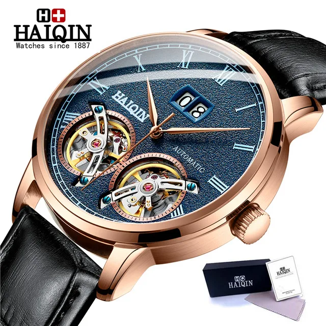 L-gold blue HAIQIN мужские часы Топ люксовый бренд автоматическая техника часы для мужчин двойной турбийон модные водонепроницаемые часы relogio masculino - Цвет: L-gold blue