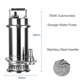 

High Quality 0.75KW Stainless Steel Submersible Pump 220V with 8M3/H Flow 12M Lift Max Sewage Water Pump