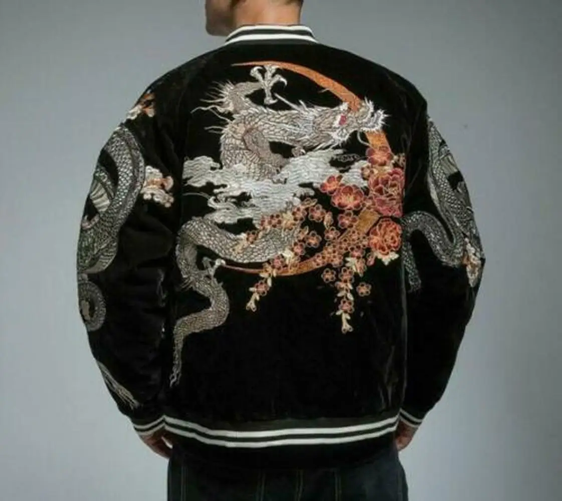 Mens Souvenir Jacket Sukajan Japanese Pattern Embroidery Dragon Loong Unisex New 