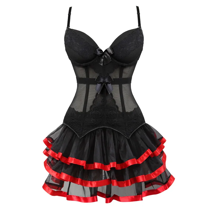 suit Burlesque Corset Dress with Straps Gothic Bustier Corselet Skirt Set Tutu Victorian Fashion Korsett for Women Vintage Costume - Цвет: suit
