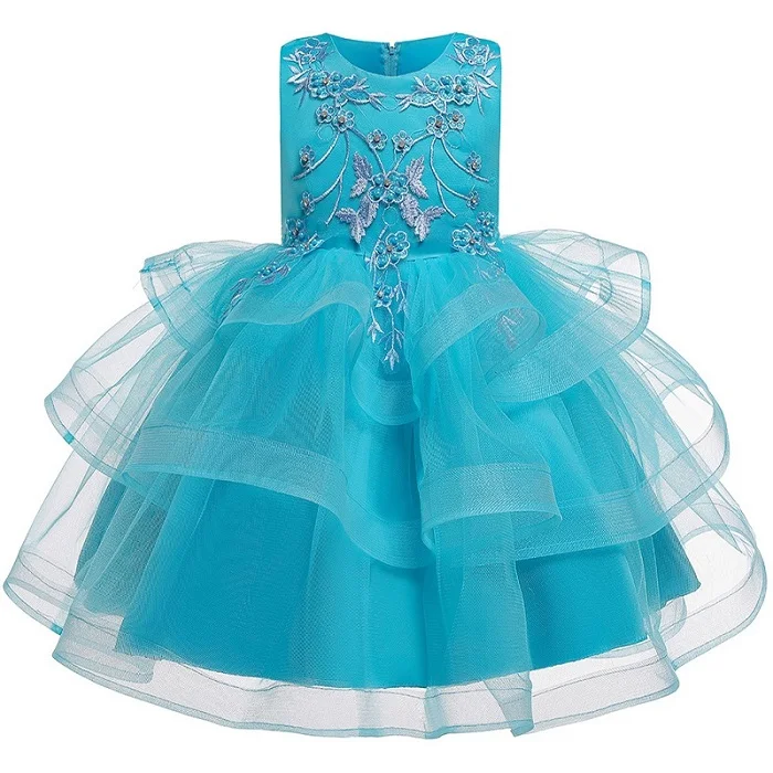 Детское платье для танцев платье принцессы с вышивкой для маленьких девочек возрастом от 1 года до 8 лет пышная детская одежда из сетчатой ткани с бусинами и цветами для свадебной вечеринки - Цвет: blue