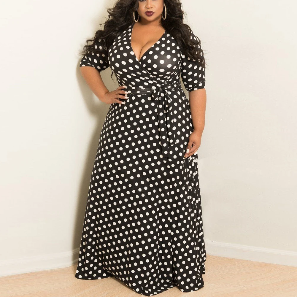 

Fadzeco Women Plus Size Dress Sexy V Neck Short Sleeve Polka Dot Boho Elegant Long Maxi Dress with Belt