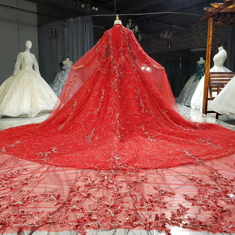 HTL1734 Elegant Gorgeous Red Beaded Flower Crystals Sequined Evening Dress 2020 High Neck Long Sleeve vestidos de festa longo 2