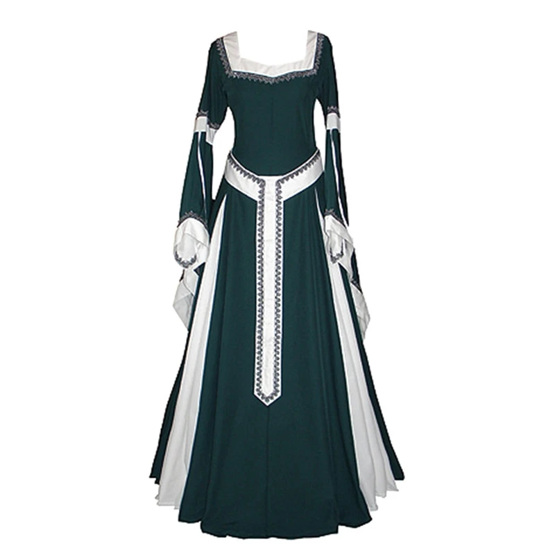 

Retro Medieval Dress Cosplay Costume Square Collar Sleeve Long Dress With Belt For Woman Halloween Long Dresses Party Dresses