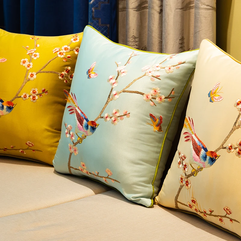 DUNXDECO Cushion Cover Decorative Pillow Case Modern Chinese Orioles Butterfly Flora Luxury Embroidery Coussin Sofa Decorating