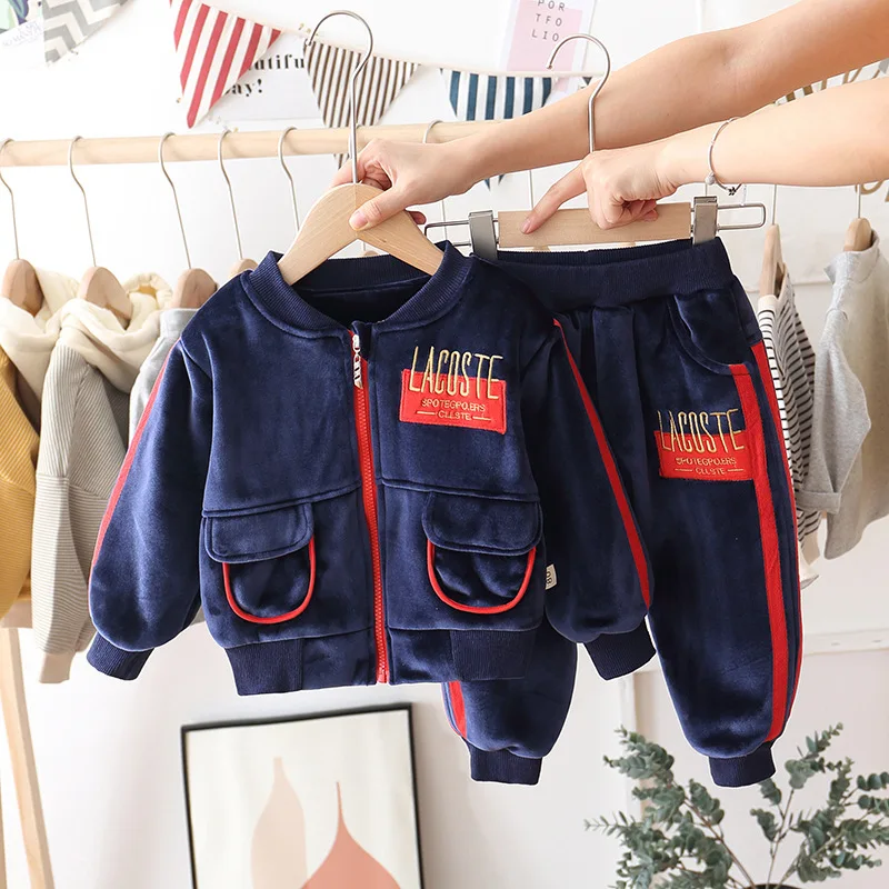 

2019 Winter Children BOY'S Baby plus Velvet Lettered Zipper Two-Piece Set Korean-style Hoodie Suit