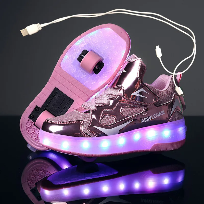 Children Two Wheels Luminous Glowing Sneakers Black Pink Red Led Light  Roller Skate Shoes Kids Led Shoes Boys Girls USB Charging