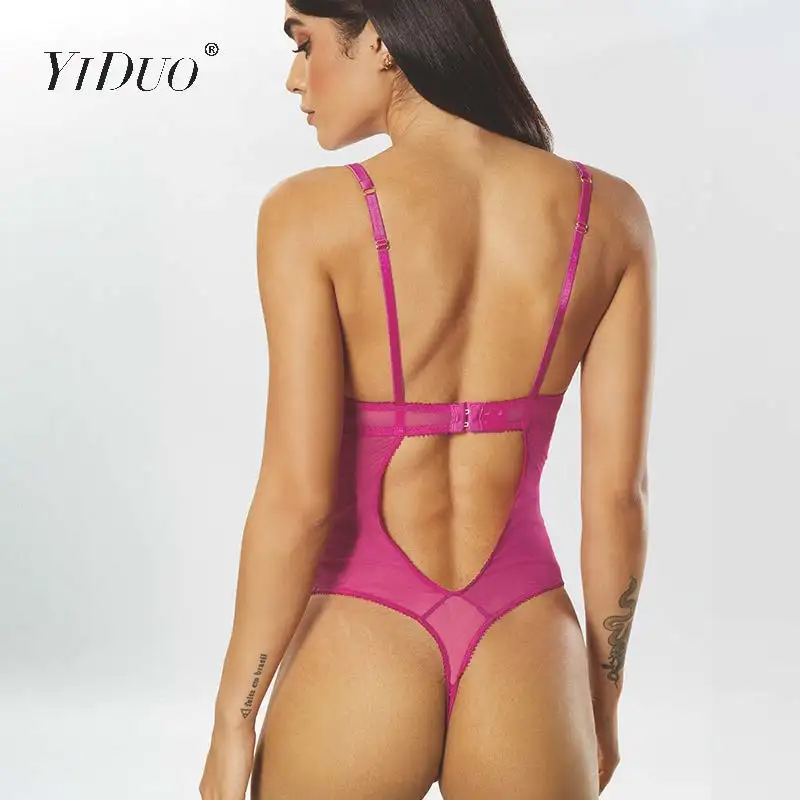 YiDuo Green Black Hollow Out Spaghetti Strap Floral Crochet Sexy Bodysuits See Through Mesh Lace Bodysuit Women Bodycon Jumpsuit