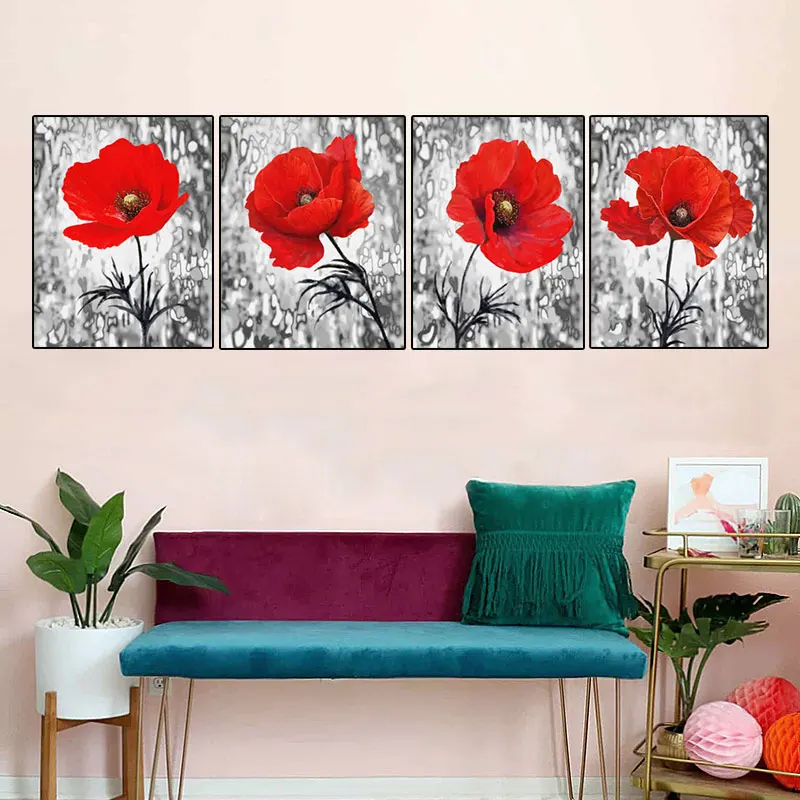 Modern Abstract Art Red Poppy Oil Painting Print on Canvas Flower Canvas Posters and Prints for Living Room Bedroom Decor Quadro