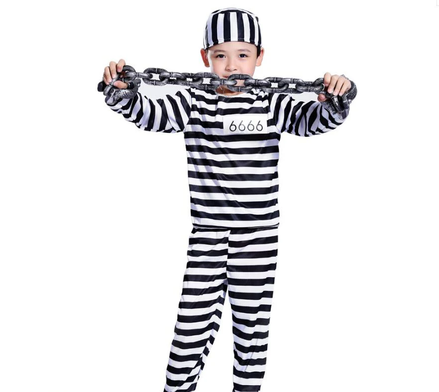 Маскарадный костюм на Хэллоуин; Одежда для мальчиков; детский полосатый костюм заключенного; маскарадный костюм