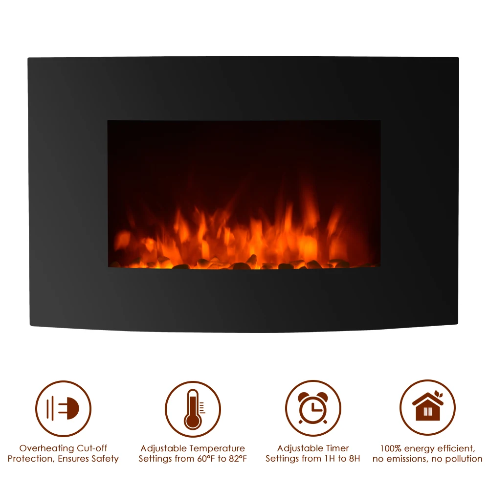

Wall Mount Electric Fireplace 3D Fire Electric Heater with Remote Control Adjustable Heat Setting 1800W
