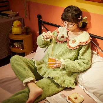 

Autumn and winter ladies pajamas pure color simple sweet cute flower collar long-sleeved thick warm home service suit JJF0183