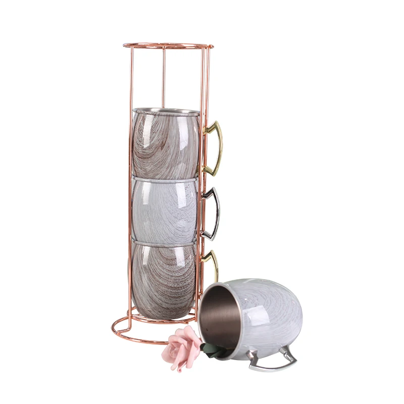 Beautiful Copper Plated Bracket With Water Transfer Printing 4pieces Coffee Mug
