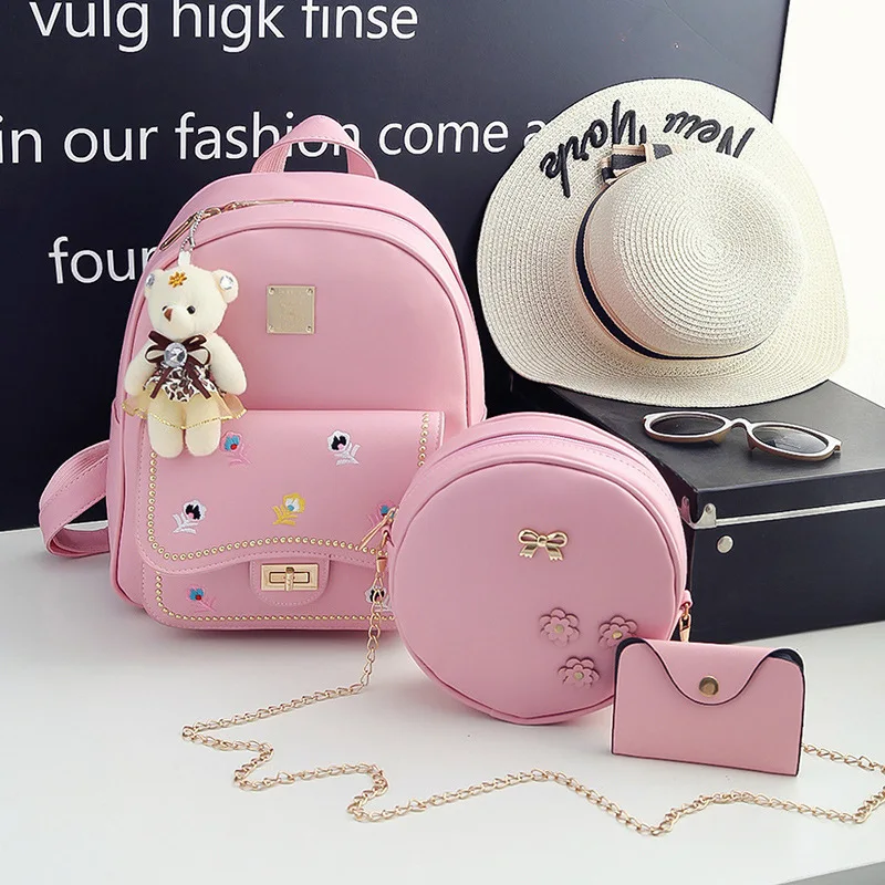 

2018 Korean-style New Style Three-piece Set Embroidered Backpack Fashion Casual WOMEN'S Bag College Style Fashion Simple Bag