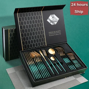 

24pcs Gold Tableware Set Fork Spoon Knife Cutlery Set Stainless Steel Cake Stand Dinnerware Dinner Kitchen Holiday Gift Box