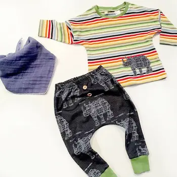 

Newborn Kid Baby Boy Girl Colored Striped Rhinoceros Cotton Clothes Set For Autumn Jumpsuit Romper Tops T-shirt Pants Outfit