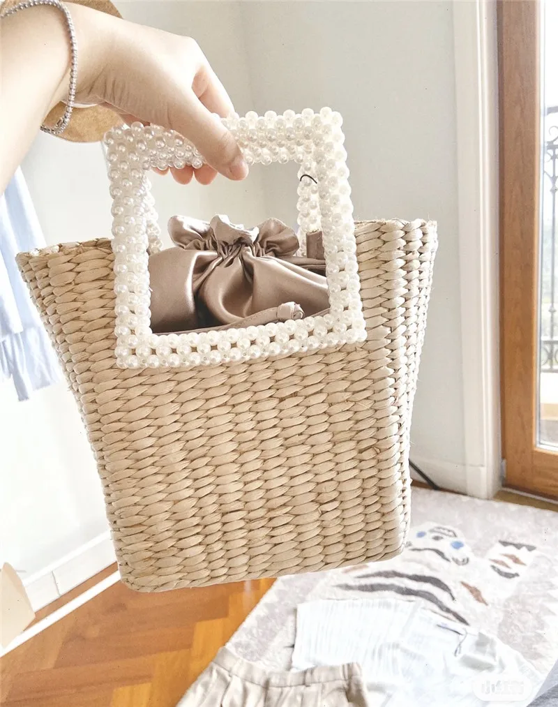 Summer Pearl Hand-woven Straw Bag Bohemian Travel Turf Grass Woven Bag Portable Diagonal Dual-use Bag Bow Decoration Female Bag