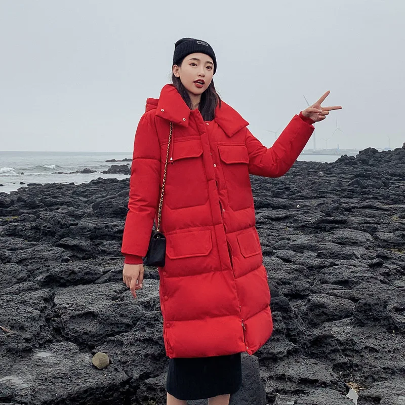 

Photo Shoot 2019 New Style down Jacket Cotton-padded Clothes Women's Korean-style Long-Style Loose-Fit Hooded Thick over-the-Kne