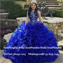 Royal Blue Organza Quinceanera Dresses With Beads Crystal Cascading Ruffles Ball Gown Sweet 16 Prom Dress Vestidos De 15 Anos
