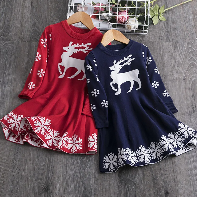 Детские платья для девочек с длинными рукавами; Платье с принтом олень; Снежинка; новогодний костюм; платье принцессы; детская Рождественская одежда