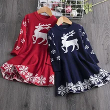 Детские платья для девочек с длинными рукавами; Платье с принтом олень; Снежинка; новогодний костюм; платье принцессы; детская Рождественская одежда