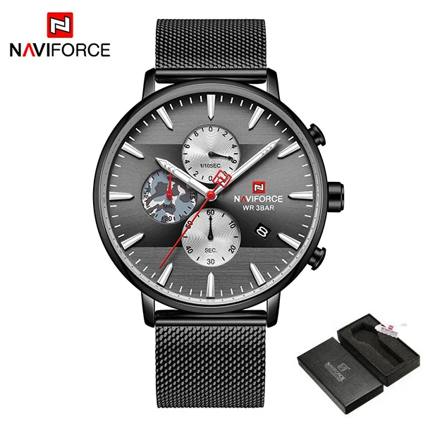 Мужские часы naviforce Топ бренд класса люкс хронограф из нержавеющей стали сетка мужские наручные часы водонепроницаемые кварцевые спортивные часы Подарки - Цвет: BlackWithBox