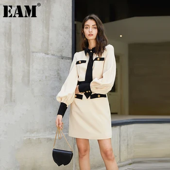 

[EAM] Women Apricot Button Split Temperament Dress New Lapel Long Sleeve Loose Fit Fashion Tide Spring Autumn 2020 1DA628